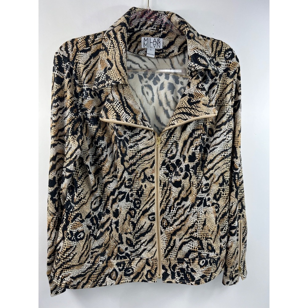 Mila & Milan Jacket Women's Sz L Brown Animal Print Full Zip Zip Sleeves Pockets